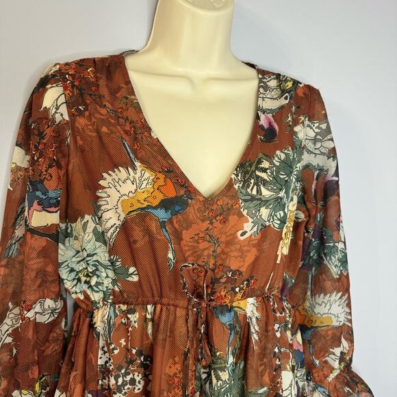 Anthropologie Hemant & Nandita Zeri Dress Brown Floral Tiered Ruffle Sleeve boho - Picture 3 of 15